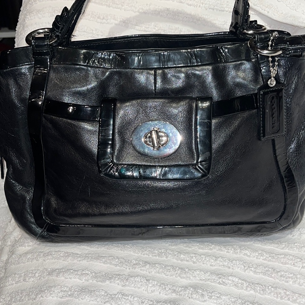 Coach, black leather with black patent leather trim handbag